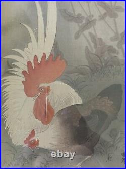 Original Japanese Woodblock Print by OHARA KOSON Roosters Rare Framed Cocks