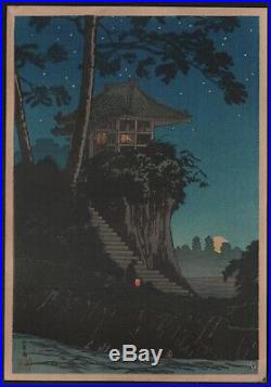 Original Japanese Woodblock Print by TAKAHASHI SHOTEI Temple at Night, Tokumochi