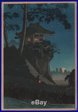 Original Japanese Woodblock Print by TAKAHASHI SHOTEI Temple in the Night