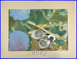 Original Japanese woodblock print Hydrangea and turtle doves Rakuzan 1930