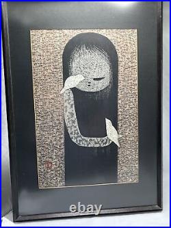 Original Kaoru Kawano (1916-1965) Japanese Woodblock Print Small Birds 13.5x19