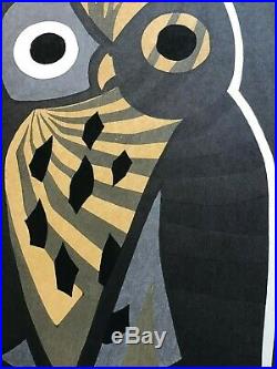 Original Kaoru Kawano Big Owl Japanese Woodblock Print Red Seal Nice