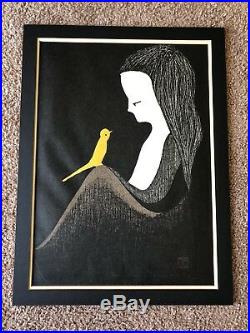 Original Kaoru Kawano Woodblock Print Child Yellow Canary Cubism Modernism