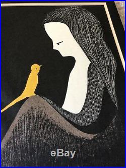 Original Kaoru Kawano Woodblock Print Child Yellow Canary Cubism Modernism