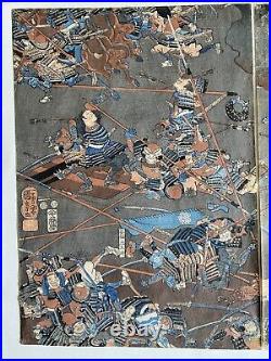Original Kuniyoshi Triptych, antique Japanese woodblocks. Samurai. C1850