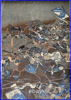Original Kuniyoshi Triptych, antique Japanese woodblocks. Samurai. C1850