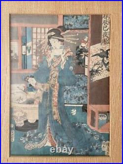 Original Large Triptych Japanese Woodblock (Utagawa Kunihiko)