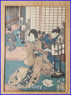 Original Large Triptych Japanese Woodblock (Utagawa Kunihiko)