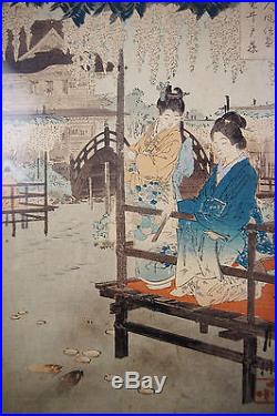 Original Ogata Gekko Japanese Woodblock Print Wisterias at Kameido C1891 Ukiyo-e