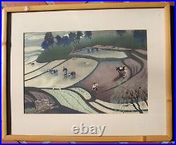 Original Ohno Bakufu Woodblock Print Signed Framed Japanese Planting Rice Listed
