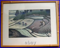 Original Ohno Bakufu Woodblock Print Signed Framed Japanese Planting Rice Listed