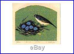 Original Signed Shiro Takagi Japanese Woodblock Print Sparrow 1972