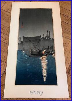 Original Takahashi Shotei Night Fishing Net, Tukuda Woodblock Print. Pre-1936