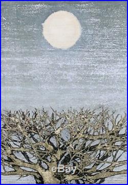Original Vintage Signed Joichi Hoshi (Japanese 1913-1979) Woodblock Spring Moon