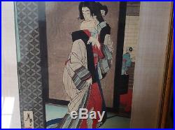 Original Yoshitoshi Japanese Woodblock Print A geisha girl in a tea house 1886