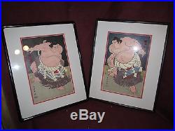 Pair Antique Japanese Woodblock Print Sumo Wrestler