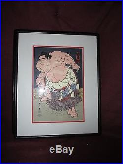 Pair Antique Japanese Woodblock Print Sumo Wrestler