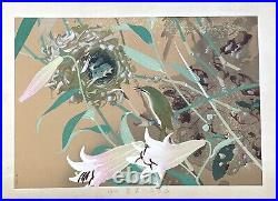 RAKUSAN TSUCHIYA Japanese Woodblock Print Bamboo Lily & Bush Warbler Nest