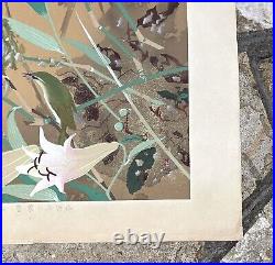 RAKUSAN TSUCHIYA Japanese Woodblock Print Bamboo Lily & Bush Warbler Nest