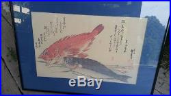 RARE 1800's ANDO HIROSHIGE Red and Blue Fish Japanese Woodblock Print Signed