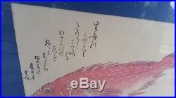 RARE 1800's ANDO HIROSHIGE Red and Blue Fish Japanese Woodblock Print Signed