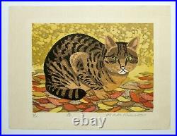 RARE Japanese Woodblock by Mihoko Kasamatsu Cat in Autumn Leaves