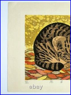 RARE Japanese Woodblock by Mihoko Kasamatsu Cat in Autumn Leaves