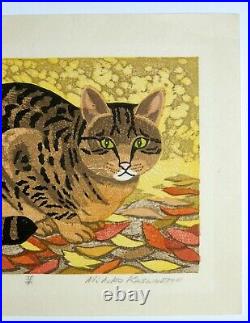 RARE Japanese Woodblock by Mihoko Kasamatsu Cat in Autumn Leaves