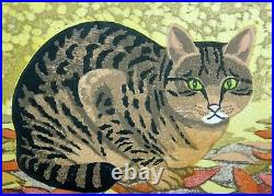 RARE Japanese Woodblock by Mihoko Kasamatsu Cat in Autumn Leaves