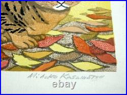 RARE Japanese Woodblock by Mihoko Kasamatsu Cat in Autumn Leaves