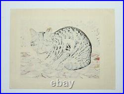 RARE Japanese Woodblock by Mihoko Kasamatsu Cat in Autumn Leaves