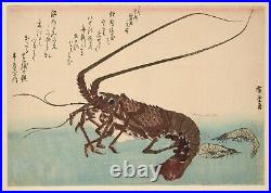 RARE Original Japanese Woodblock Print -1832 Hiroshige -Lobster & Prawn + Book