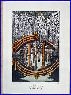 RAY MORIMURA Japanese Woodblock Print TENJIN BRIDGE WITH WISTERIA 2013