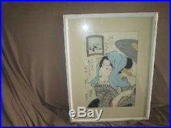 Rare 1840s Japanese woodblock print a woman with the blue scarf by Eisen