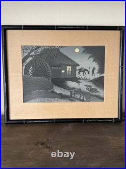 Rare Bakufu Ohno 1952 Vintage Japanese Woodblock Print Night Scene of Water Mill