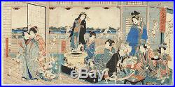 Rare Giga-e (Comical) Original Japanese Woodblock Print- Triptych-Yoshiiku -1860
