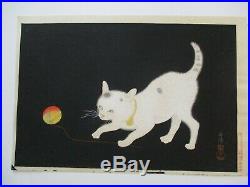 Rare Japanese Woodblock Print Cat Kitten Kitty White W Ball Of Yarn Mod Vintage