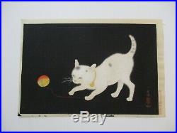 Rare Japanese Woodblock Print Cat Kitten Kitty White W Ball Of Yarn Mod Vintage