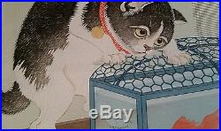 Rare Ohara Koson Japanese Woodblock Print, Cat at Goldfish