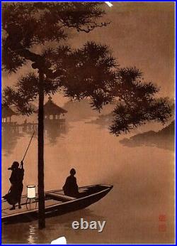 SHODA KOHO Lake Biwa at Night rare sepia antique Japanese woodblock print