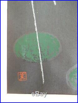 Sacred Crane On Lily Pond. Kaoru Kawano Japanese Woodblock Print