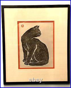 Sadanobu Hasegawa Black Cat Woodblock Print Midcentury Japanese Art