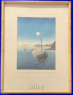 Sailboats by Moolight Arai Yoshimune Antique Japanese Woodblock Print Shin Hanga