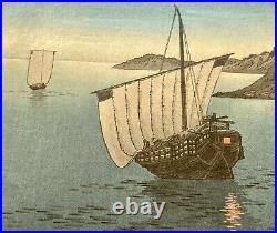 Sailboats by Moolight Arai Yoshimune Antique Japanese Woodblock Print Shin Hanga