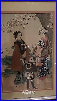 Set of 3 Chikanobu Yoshu, Beauty, Japanese Woodblock Prints, Cherry Blossoms