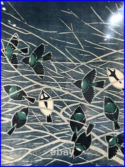 Shiro Kasamatsu Japanese Wood Block Print 1965 26/200 Signed Birds and Fish MCM
