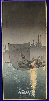 Shotei Takahashi Woodblock, Night Fishing at Tsukuda. C. 1930s. 15 x 6 ¾