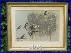 Signed 1963 Tamami Shima Woodblock Print #47/70 Cranes Framed 27.5 W 22.25 T