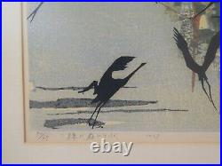 Signed 1963 Tamami Shima Woodblock Print #47/70 Cranes Framed 27.5 W 22.25 T