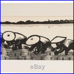 Signed Gihachiro Okuyama Rice Field Planting Japanese Woodblock Print 19 x 9.5
